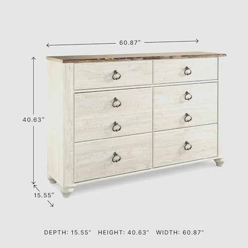 Signature Design by Ashley Willowton Dresser, 6 Drawer Whitewash Bedroom Dresser, Coastal Cottage Style Chest of Drawers, Engineered Wood, Antique Brass Ring-Pulls, 61" W