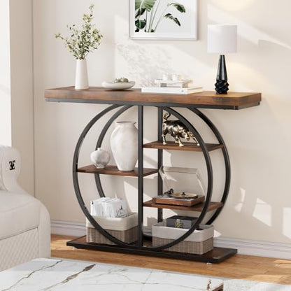 41.3" Console Table for Entryway, Industrial Hallway Sofa Table with Storage Shelves, Narrow Accent Decor Living Room Furniture with Circle Base for Foyer, Entrance, Rustic Brown