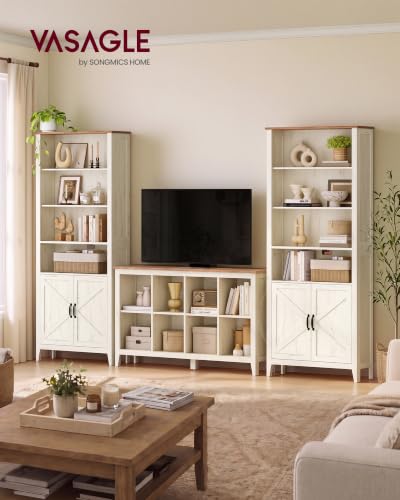 Liry Collection Farmhouse Bookshelf, 6-Tier Bookcase with Doors, Storage Cabinets, 24.8 x 10 x 70.7 inch, for Home Office, Living Room, Cloud White and Warm Brown ULBC134W101S