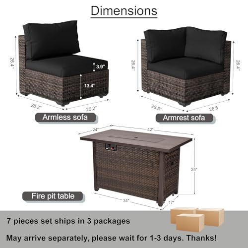7 Piece Outdoor Patio Furniture Set with 42" Fire Pit, Wicker Furniture Sectional Conversation Sofa Set with Comfortable Cushions, Black