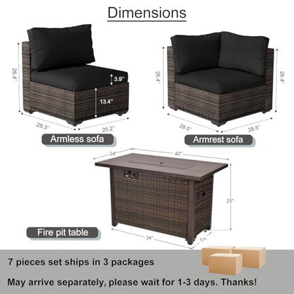 7 Piece Outdoor Patio Furniture Set with 42" Fire Pit, Wicker Furniture Sectional Conversation Sofa Set with Comfortable Cushions, Black