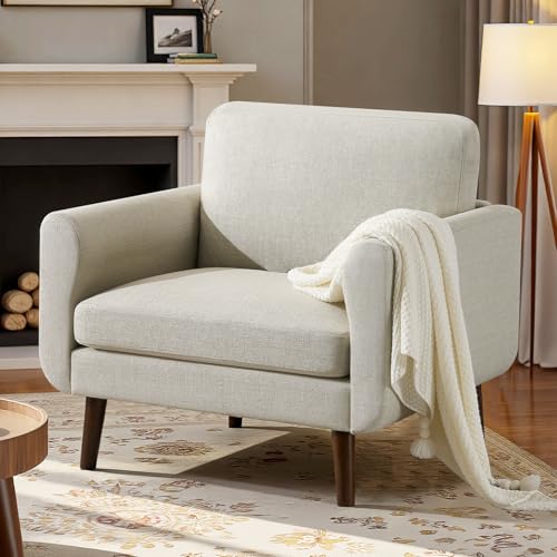 Oversized Accent Chair for Living Room, 37" Mid-Century Modern Comfy Reading Chair, Linen Fabric Solid Wood Frame Armchair, Upholstered Oatmeal Bedroom Accent Chairs Set of 2 for Adults