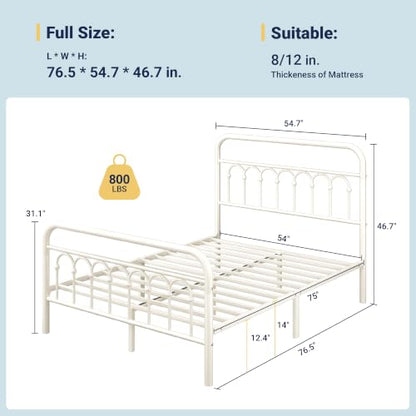 Full Size Metal Platform Bed Frame with Headboard, Cream, view 3