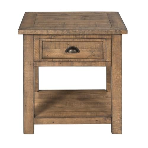 Monterey Farmhouse Rustic End Table, Solid Pine Wood Coastal Side Table with Drawer and Shelf. Reclaimed Natural.