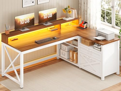 Farmhouse L Shaped Desk, 55" Home Office Desk with Drawers and Storage Shelves, L Shaped Gaming Desk with LED Lights, Power Outlet and Monitor Shelf, Brown