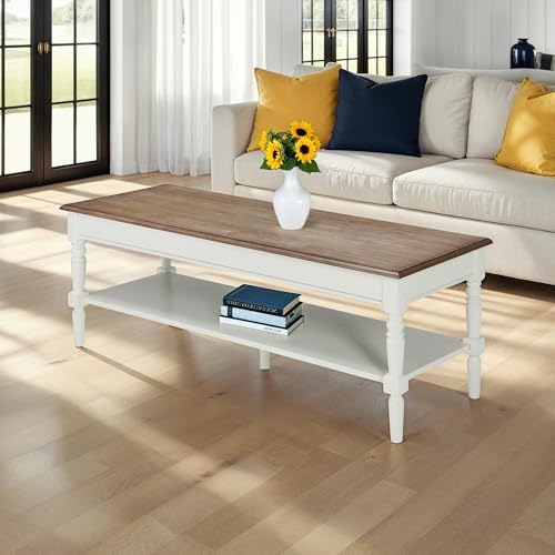 French Country Coffee Table 48" - 2 Tier Farmhouse, Transitional Center Accent with Storage Shelf for Classic, Transitional Living & Family Room, Driftwood/White