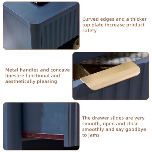 31" Wide Fluted Nightstand with Charging Station, Oversized Extra Large 1 Drawer Night Stand with Golden Handle, Blue Wood Bedside Table Tall End Tables,for Bedroom, Living Room, Hallway