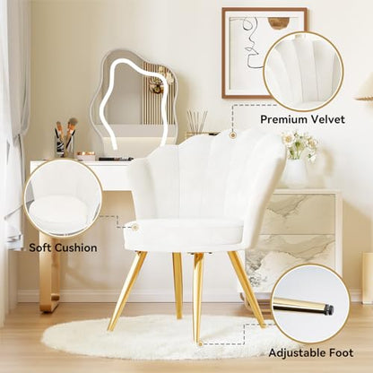Velvet Accent Chair with Gold Metal Legs, Vanity Chair for Makeup Room, Upholstered Guest Chair for Living Room, for Bedroom, White