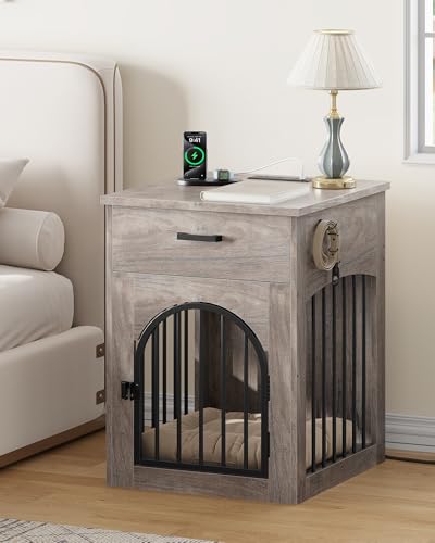 Dog Crate Furniture, Wooden Dog Kennel with Charging Station and Storage Drawer, view 3