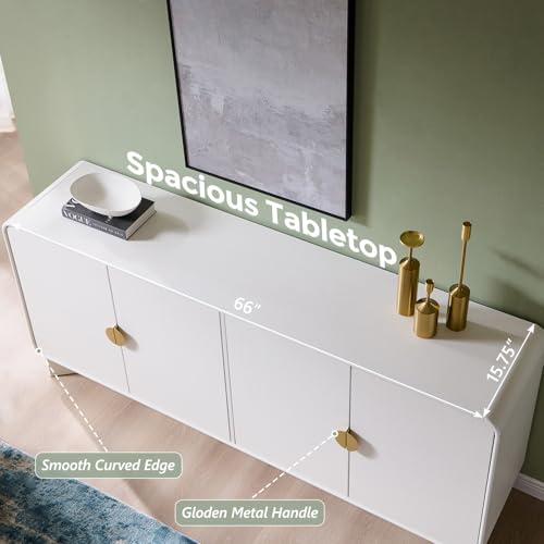 Modern Buffet Cabinet with Storage, 70" Large Sideboard Buffet Storage Cabinet with 4 Doors and Adjustable Shleves, Wooden Curved Coffee Bar for Dining Room, Kitchen, Living Room, White