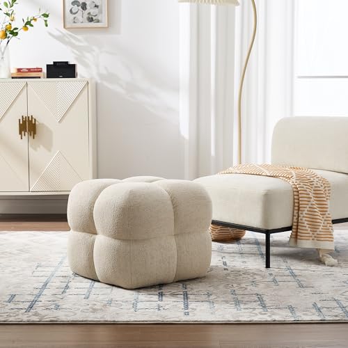 Beige Modern Ottoman, 21" Square Funky Pouf Ottoman, Linen Fabric Upholsered Foot Rest, Small Coffee Table & Couch Footstool & Vanity Chair for Living Room Bedroom, Dorm, Cute Pouf Home Decor