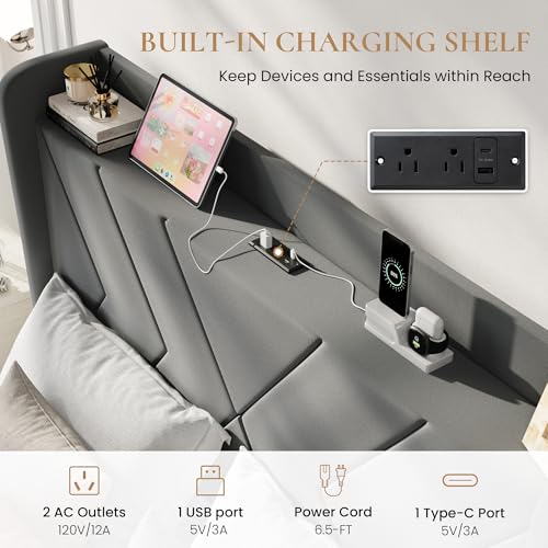 Queen Bed Frame, Velvet Upholstered Platform Bed Frame with Wingback Storage Headboard & Charging Station, Geometric Tufted Design, No Box Spring Needed, Easy Assembly, Grey