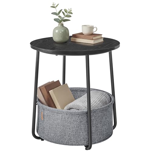 Small Side Table, Round End Table, 2 Tier Nightstand with Basket, U Shaped Steel Legs, Easy Assembly, for Living Room, Bedroom, Black and Gray
