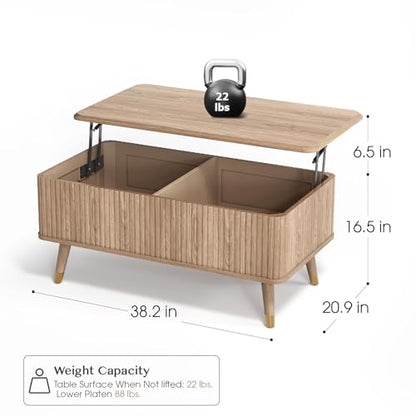 Lift Top Coffee Table with Storage, Mid Century Modern Rectangular Center Table, Fluted Design with Hidden Compartment, Rising Desk for Work from Home, Living Room Furniture, Oak Finish