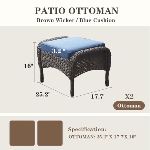 Outdoor Ottomans for Patio Foot Rest - 25 Inch PE Wicker Foot Stool Set of 2 with Removable Cushions for Patio Furniture Sets,All Weather Rattan Ottoman for Balcony Deck Backyard Brown