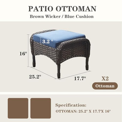 Outdoor Ottomans for Patio Foot Rest - 25 Inch PE Wicker Foot Stool Set of 2 with Removable Cushions for Patio Furniture Sets,All Weather Rattan Ottoman for Balcony Deck Backyard Brown