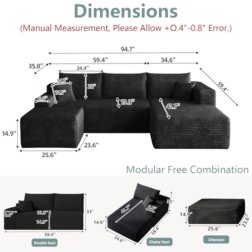 Boneless Cloud Couch Comfy Sectional Couches for Living Room,U Shaped Sofa Couch in a Box with Ottoman Deep Seat Memory Foam Compressed Sofa(Black, 95" Right Facing Chaise)