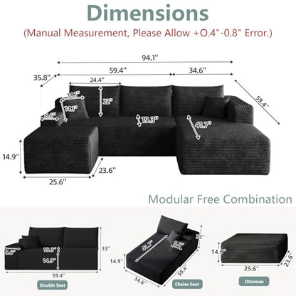 Boneless Cloud Couch Comfy Sectional Couches for Living Room,U Shaped Sofa Couch in a Box with Ottoman Deep Seat Memory Foam Compressed Sofa(Black, 95" Right Facing Chaise)