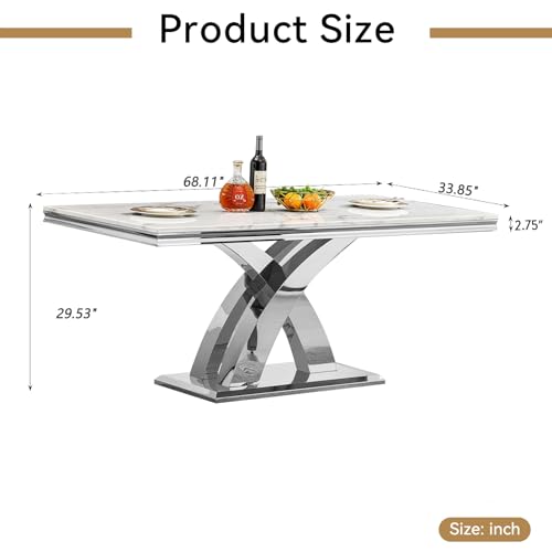 68.11" White Dining Table, Luxurious Marble Table Dining with 0.71" Thick Printed Marble Tabletop and Silver Stainless Steel Pedestal, Modern Kitchen Dining Room Table for 8