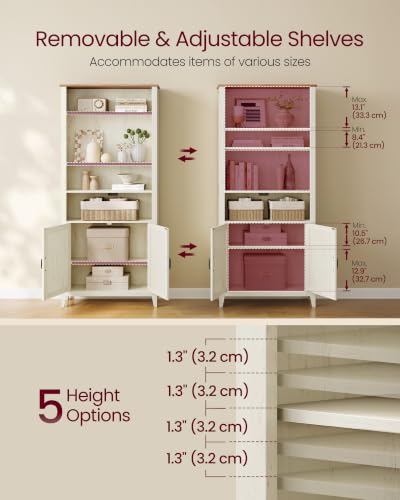 Liry Collection Farmhouse Bookshelf, 6-Tier Bookcase with Doors, Storage Cabinets, 24.8 x 10 x 70.7 inch, for Home Office, Living Room, Cloud White and Warm Brown ULBC134W101S
