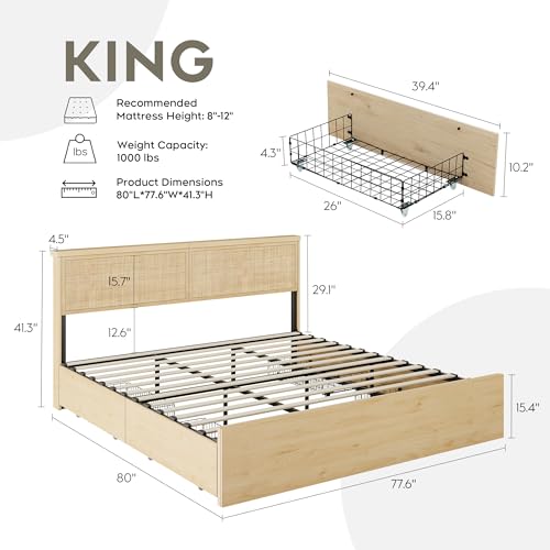 King Bed Frame with Natural Rattan Headboard and Wooden 4 Storage Drawers, view 3
