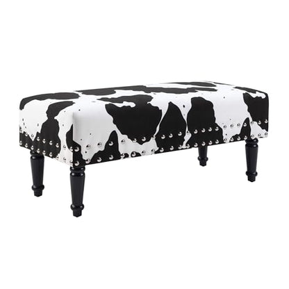 Designs4Comfort Cow Print Bench Ottoman 40" - Farmhouse, Rustic Wide Upholstered Footstool & Seat, for Living Room, Bedroom, Hallway & Entryway, Black Fabric