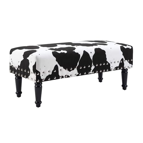 Designs4Comfort Cow Print Bench Ottoman 40" - Farmhouse, Rustic Wide Upholstered Footstool & Seat, for Living Room, Bedroom, Hallway & Entryway, Black Fabric
