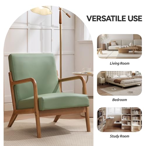 Mid Century Modern PU Leather Chair with Lumbar Pillow and Solid Wood Frame, view 6