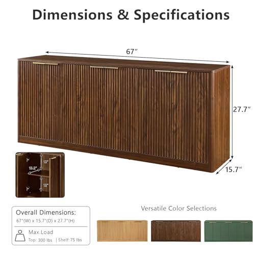 67" Fluted Buffet Cabinet Sideboard with Storage, Large Credenza with 6 Doors, view 3