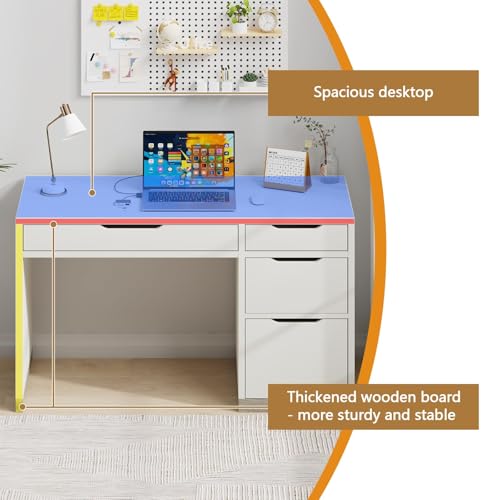White Desk with 4 Drawers, 52 Inch Modern Computer Desk with Storage for Bedroom, Home Office Writing Desk for Small Spaces, Minimalist White Writing Desk