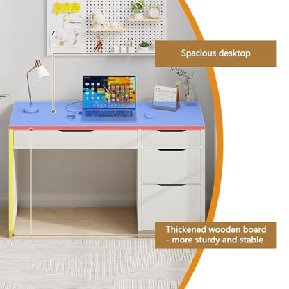 White Desk with 4 Drawers, 52 Inch Modern Computer Desk with Storage for Bedroom, Home Office Writing Desk for Small Spaces, Minimalist White Writing Desk