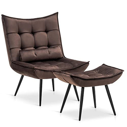 Accent Chair with Ottoman, Modern Velvet Wingback Lounge Chair, Upholstered Club Chair for Small Space, Living Room & Bedroom 4079 (Brown)