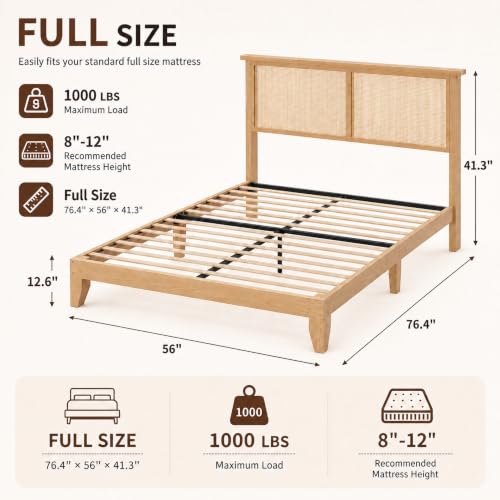 Eclectic Rattan Bed Frame with Natural Headboard & RGB LED Lights, Full Size, view 3