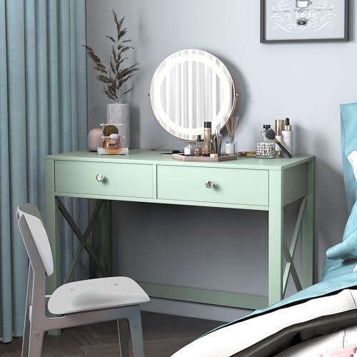 Home Office Desk with Drawers, Modern Writing Computer Desk for Bedroom, Small Makeup Vanity Table Study Table for Home Office,Green