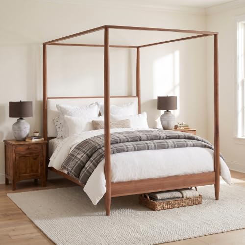 King 4-Poster Wood Canopy Bed with Boucle Headboard, Walnut, view 4