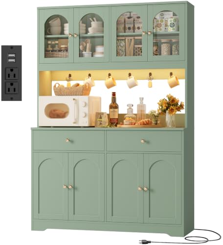 71" LED Kitchen Pantry Cabinet with Power Outlet, Tall Hutch, Green, view 2