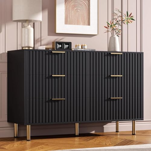 47.2" Fluted Black 6 Drawer Dresser for Bedroom with Deep Drawer, view 2