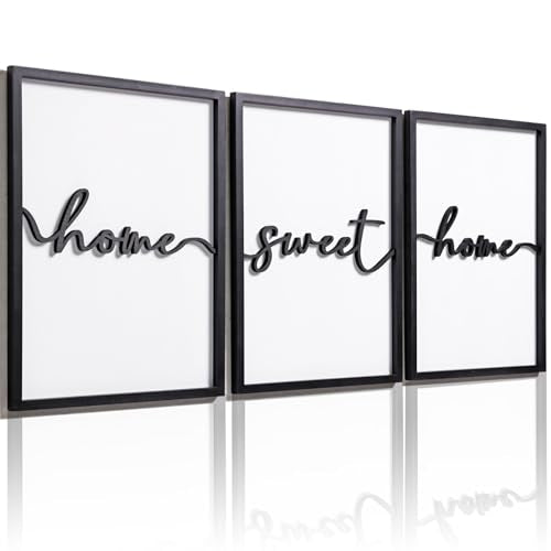 3D Wood Home Sweet Home Wall Art, Modern Home Sweet Home Sign for Large Living Room Wall Decor(Ready to Hang, Set of 3, 12x16 Inch, Framed)