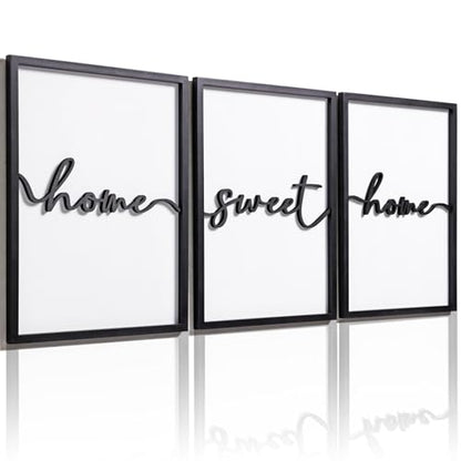 3D Wood Home Sweet Home Wall Art, Modern Home Sweet Home Sign for Large Living Room Wall Decor(Ready to Hang, Set of 3, 12x16 Inch, Framed)