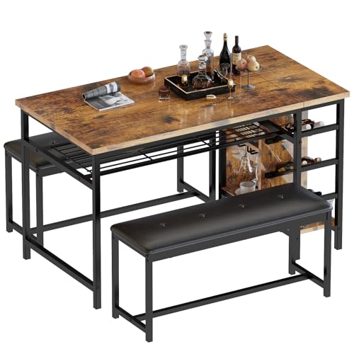 Space Saving Dining Table Set for 2-4 People, 53" Kitchen Table with 2 Upholstered Bench, Dinner Table with Wine Rack Glass Holder and Storage Shelf, 3-Piece Dinette Table for Small Apartment