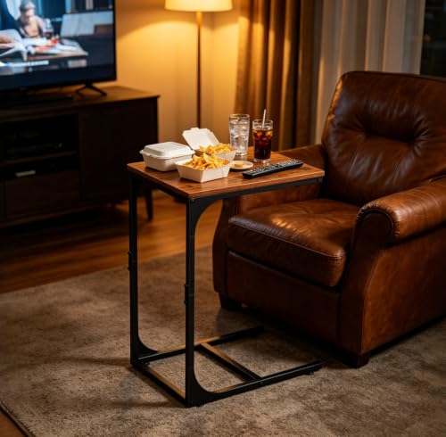 C Shaped End Table, Small Couch Side Tables with Metal Frame that Slide Under, Sofa Table TV Tray for Living Room, Bedroom, Rustic Brown