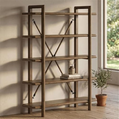 71 in Home Office Bookcase, Brown Oak Finish, Hardwood Solids and Veneer, 5 Open Shelves, Sturdy Vertical Storage, Metal Back Brace, Stylish Display for Books, Plants, Photos, Living Room