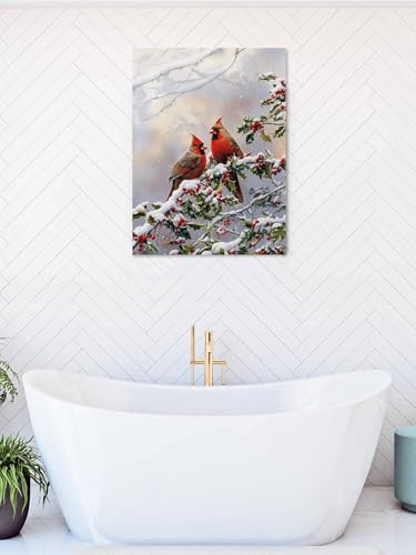 NuYeBiofx Christmas Red Bird on Tree Branch Canvas Wall Art Prints,30"x20" Framed Picture Artwork Winter Berry Snow Scenery Printed Canvas Oil Painting for Living Room Bedroom Office,Ready to Hang