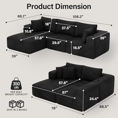 Modular Sectional Sofa, 108" Cloud Boneless Couch with Deep Seat, Cup Holder, Memory Foam, Corduroy L Shaped Couch Convertible Sofa Bed for Living Room Bedroom, No Assembly Required