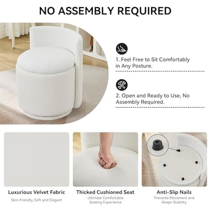 Velvet Vanity Chair with Storage, 360° Swivel Makeup Chair with Wave Back, No Assembly Small Accent Stool for Bedroom, Dressing, Living Room, White