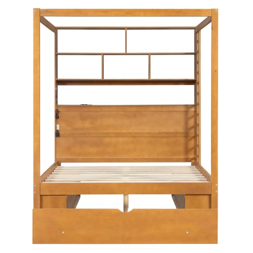 LUMISOL Full Size Canopy Bed with Storage Drawer & LED Bookcase, Walnut, view 5