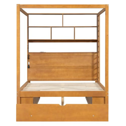 LUMISOL Full Size Canopy Bed with Storage Drawer & LED Bookcase, Walnut, view 5