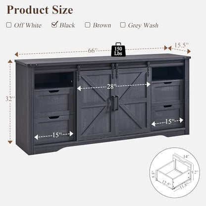 Farmhouse 66”TV Stand for 75+ Inch TV, 32"H w/4 Drawers & Sliding Barn Door, view 3