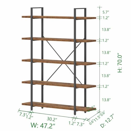 Rustic Wood Bookshelf, 5 Shelf Bookcases with Storage, Rustic Brown, view 3