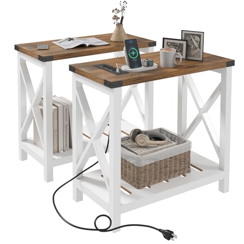 Farmhouse End Tables Living Room Set of 2, Narrow Side Table with Charging Station, Slim Nightstand for Small Space, Skinny Bedside Table, Sofa Side Table with Storage Shelf, White & Brown